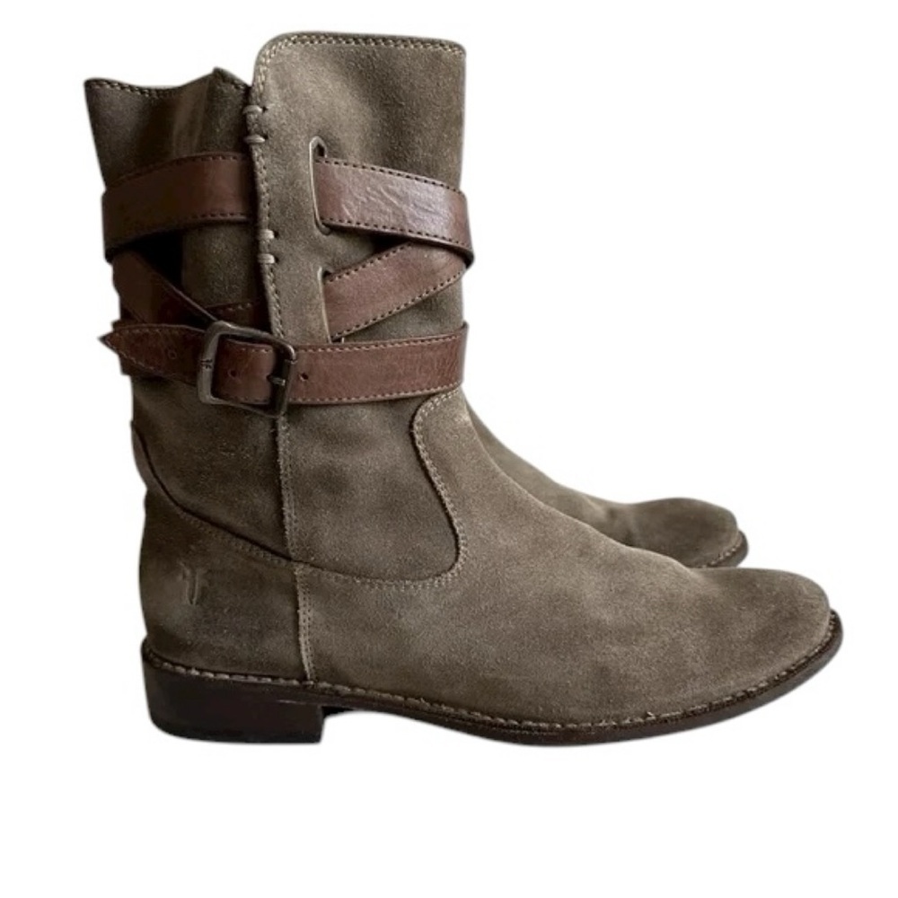 Frye Shirley Strappy Short Boots – Size 6.5 (Brown Fatigue Suede & Leather)